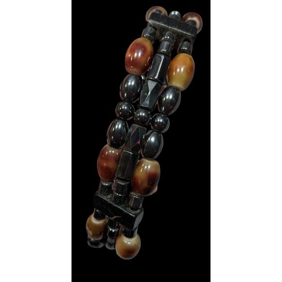 Men's Hematite And Brown Glass Layered Beaded Magnetic Bracelet - Picture 3 of 8